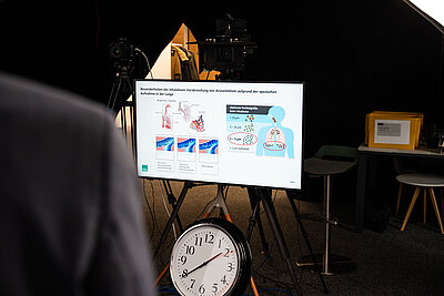 TV-Monitor mit Vortragsfolien, darunter steht eine große Uhr