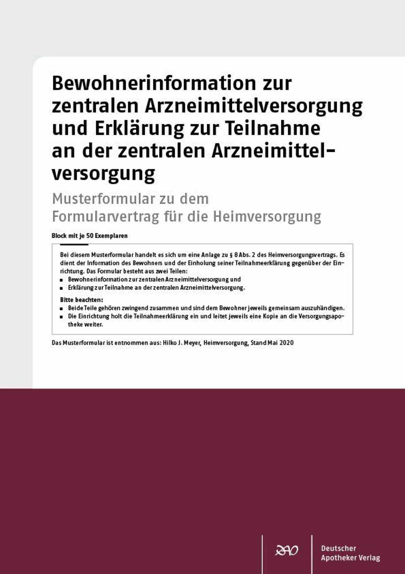 Abbildung "Bewohnerinformation zur zentralen Arzneimittelversorgung und Erklärung zur Teilnahme an der zentralen Arzneimittelversorgung"
