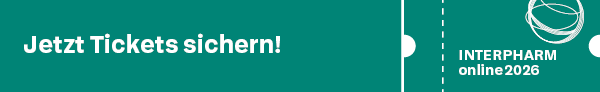 Grüner Banner in Gestalt eines Tickets mit der Aufschrift "Jetzt Tickets sichern!" und "INTERPHARM online 2026"